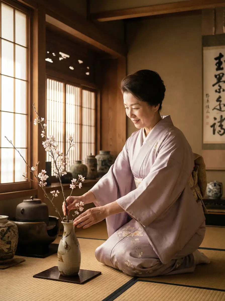 一位优雅的 奶子即正义 在和室中插花